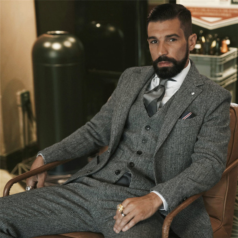 Men'S Grooming Room - Szary wełniany tweedowy garnitur zimowy dla